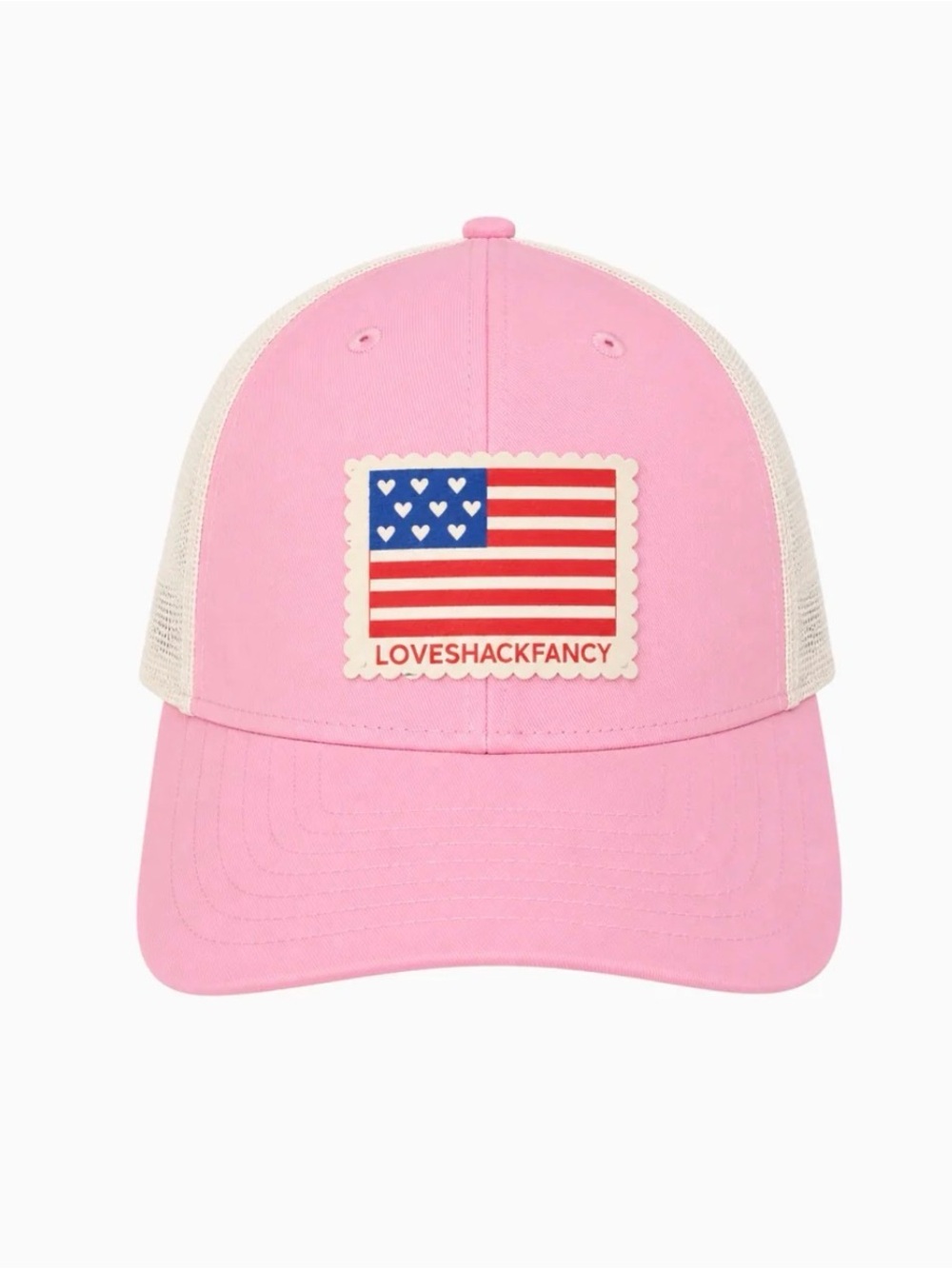 LoveShackFancy Pink Baseball Trucker Hat with Flag Patch